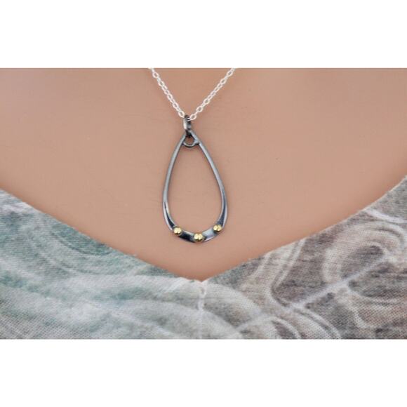 Sterling Silver Black Finish Teardrop Charm Bronze Granulation Charm Necklace - Picture 2 of 4